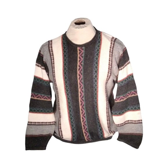 Vintage Sweaters - 80's Vintage Concrete Mix Striped Sweater M/L Ramie/Cotton Knit Crewneck